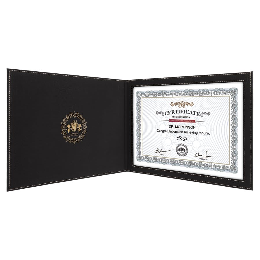 Black/Gold Leatherette Certificate Holder for 8 1/2" x 11" Certificate