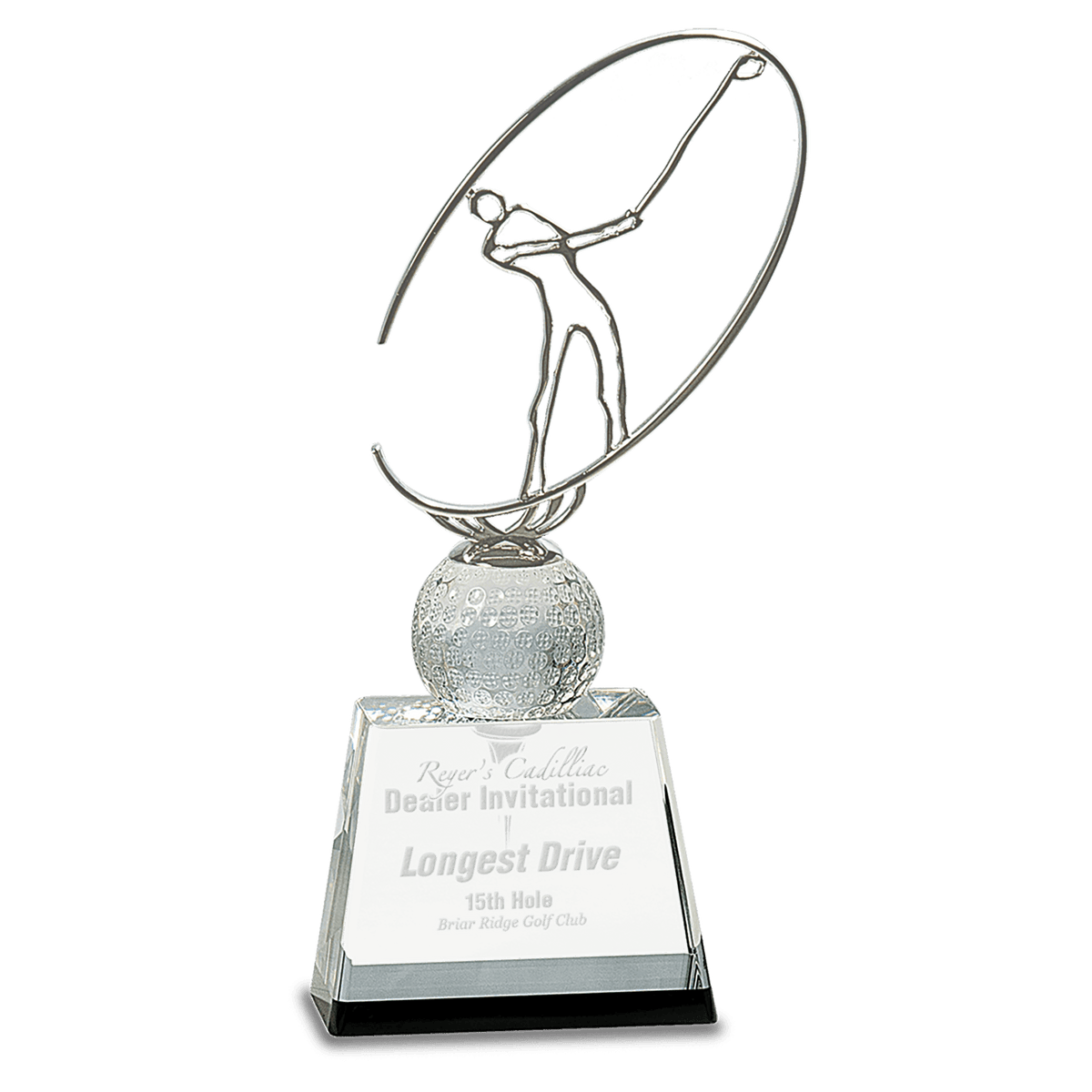10" Silver Metal Golfer Silhouette on a Crystal Golf Ball & Base