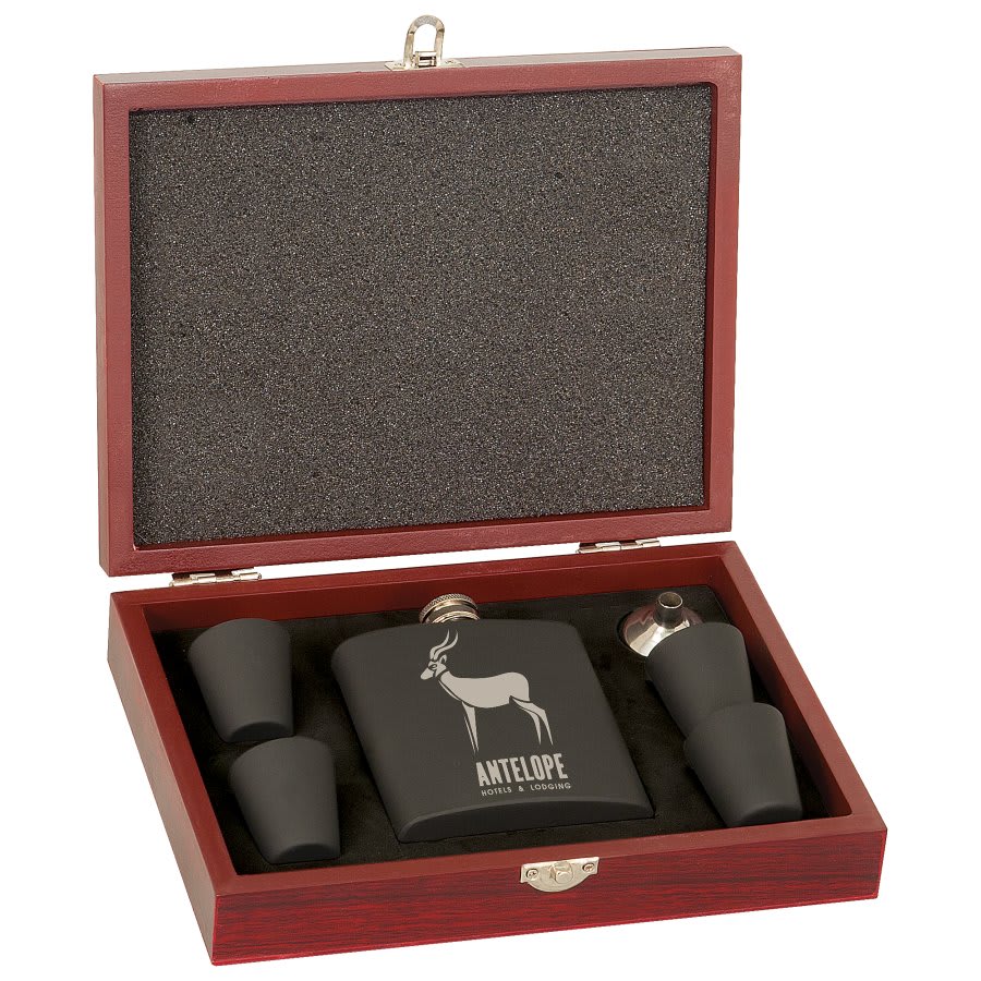 6 oz. Matte Black Flask Gift Set with Rosewood Finish Box