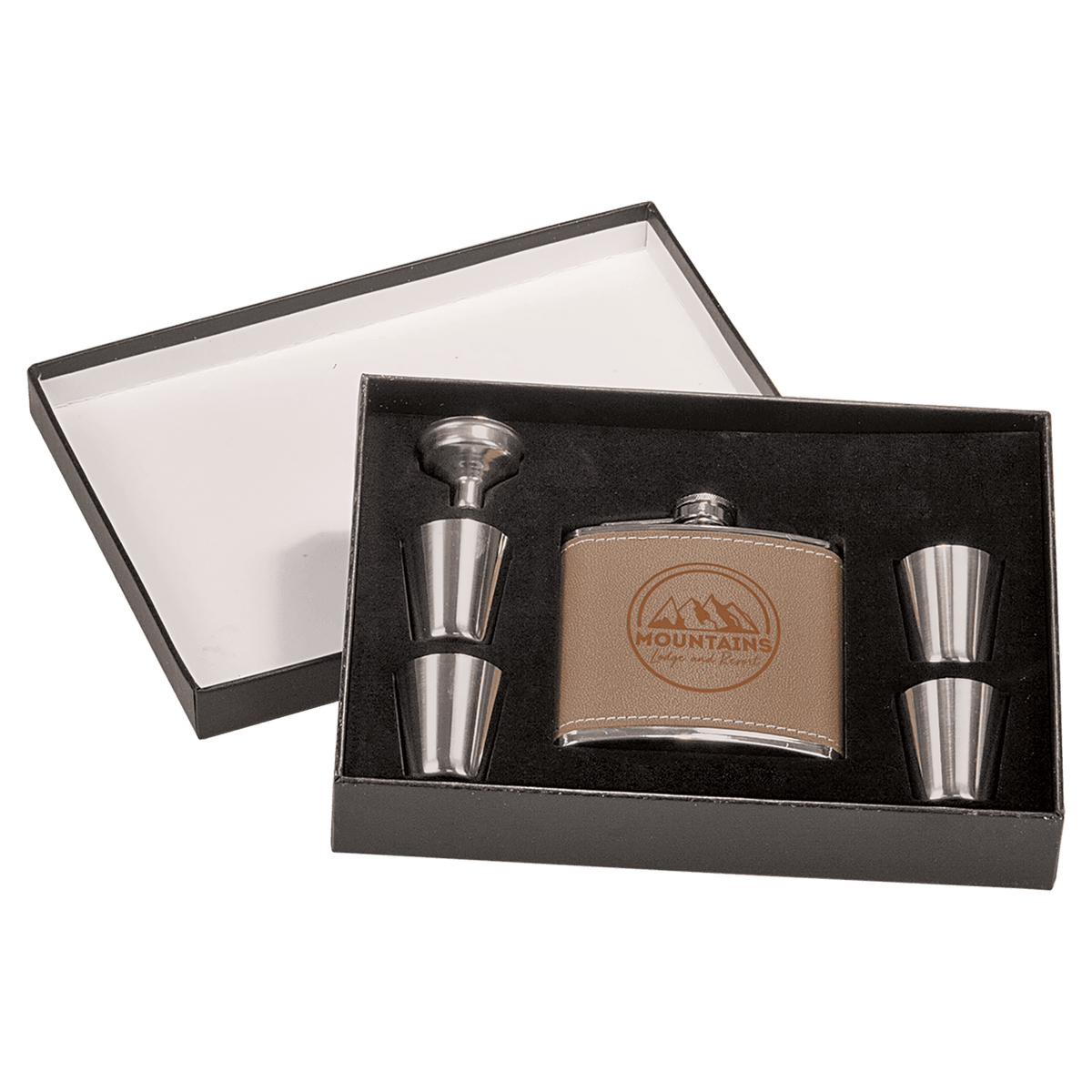 6 oz. Leather Flask Set in Black Presentation Box w/4 Shot Glasses & Funnel