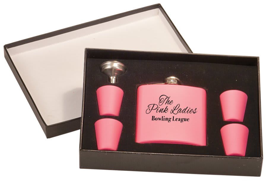6 oz. Matte Pink Flask Set in Black Presentation Box w/4 Shot Glasses & Funnel