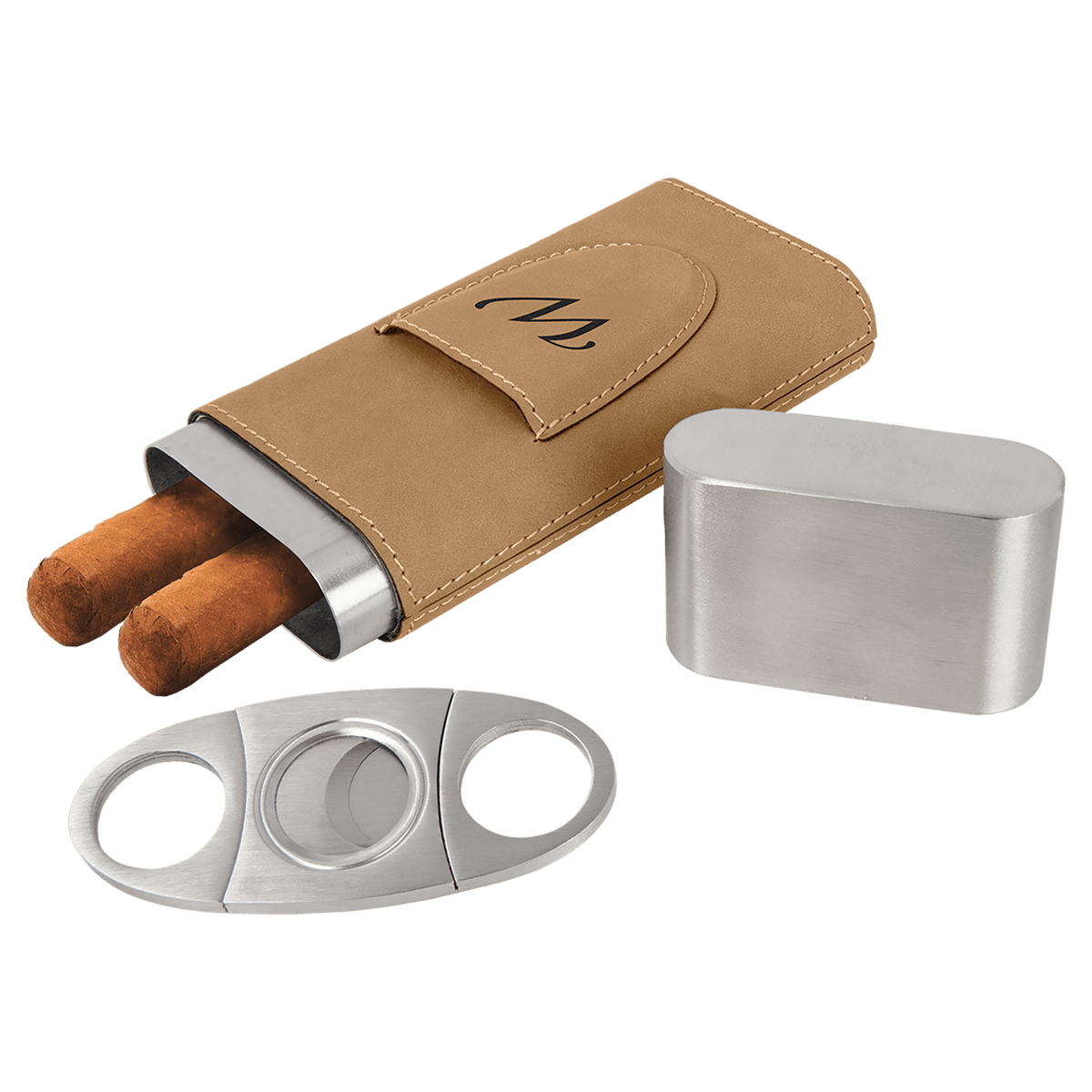 Light Brown Leatherette Wrapped Stainless Steel Cigar Case with Cutter