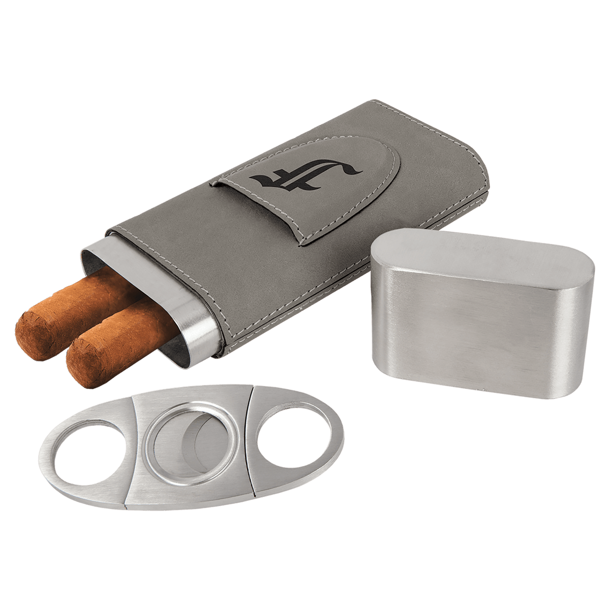 Gray Leatherette Wrapped Stainless Steel Cigar Case with Cutter