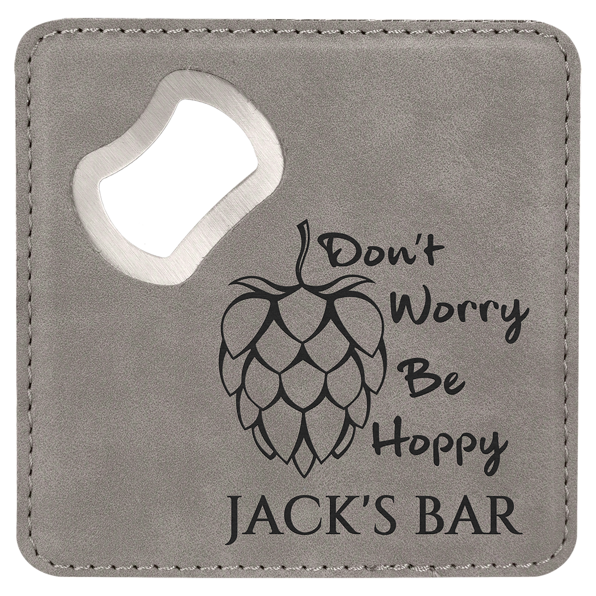 Gray Lasered Leatherette Coaster with Bottle Opener