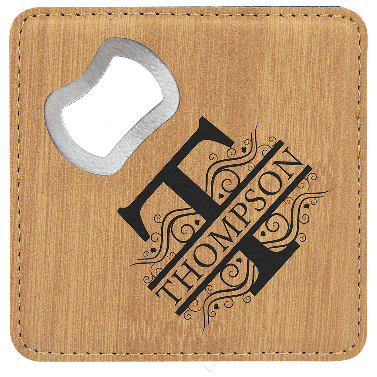 Bamboo Lasered Leatherette Coaster with Bottle Opener