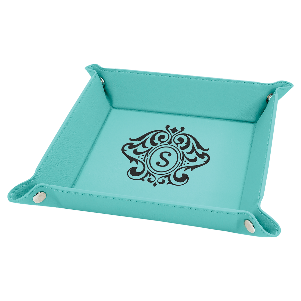 6" x 6" Teal Laserable Leatherette Snap Up Tray with Silver Snaps