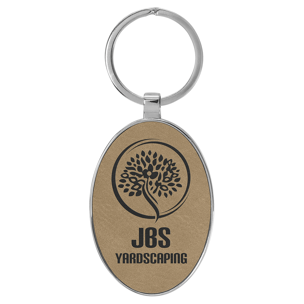 Light Brown Lasered Leatherette/Metal Oval Keychain