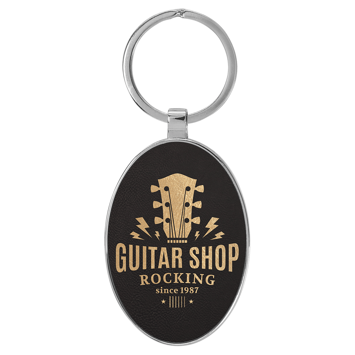 Black/Gold Lasered Leatherette/Metal Oval Keychain