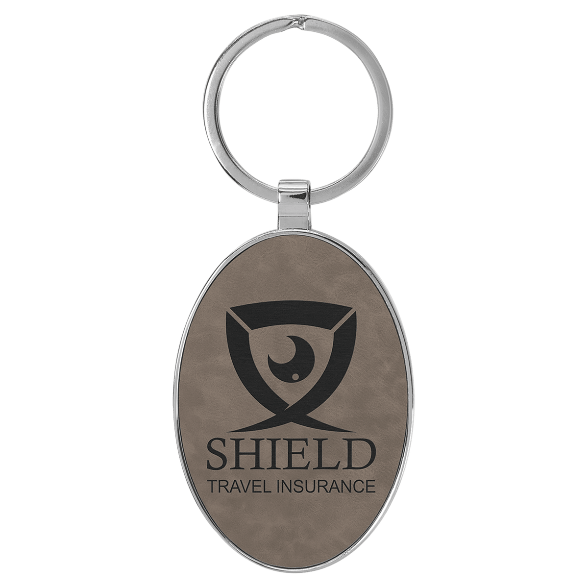 Gray Lasered Leatherette/Metal Oval Keychain