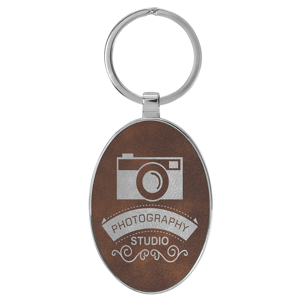 Rustic/Silver Lasered Leatherette/Metal Oval Keychain