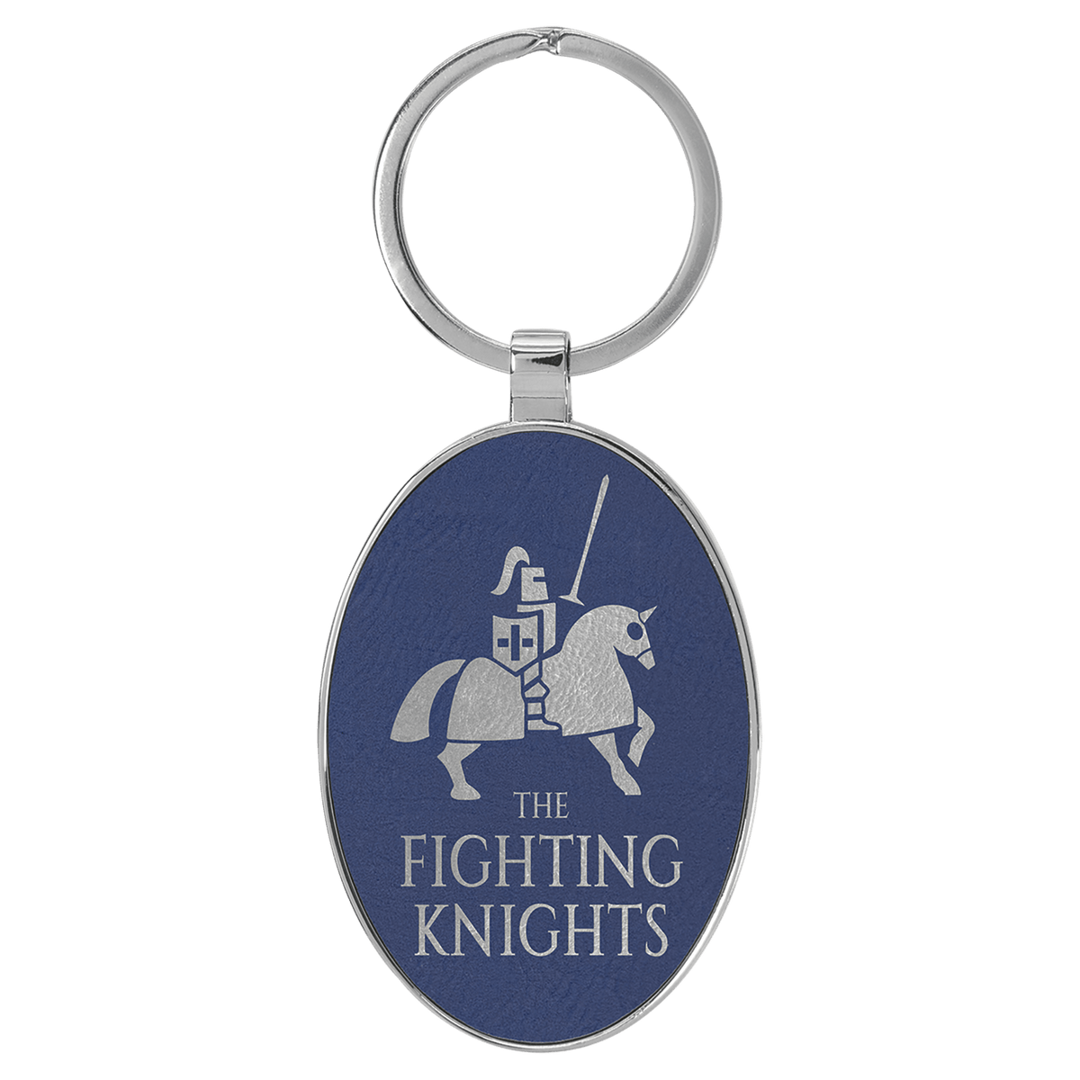 Blue/Silver Lasered Leatherette/Metal Oval Keychain