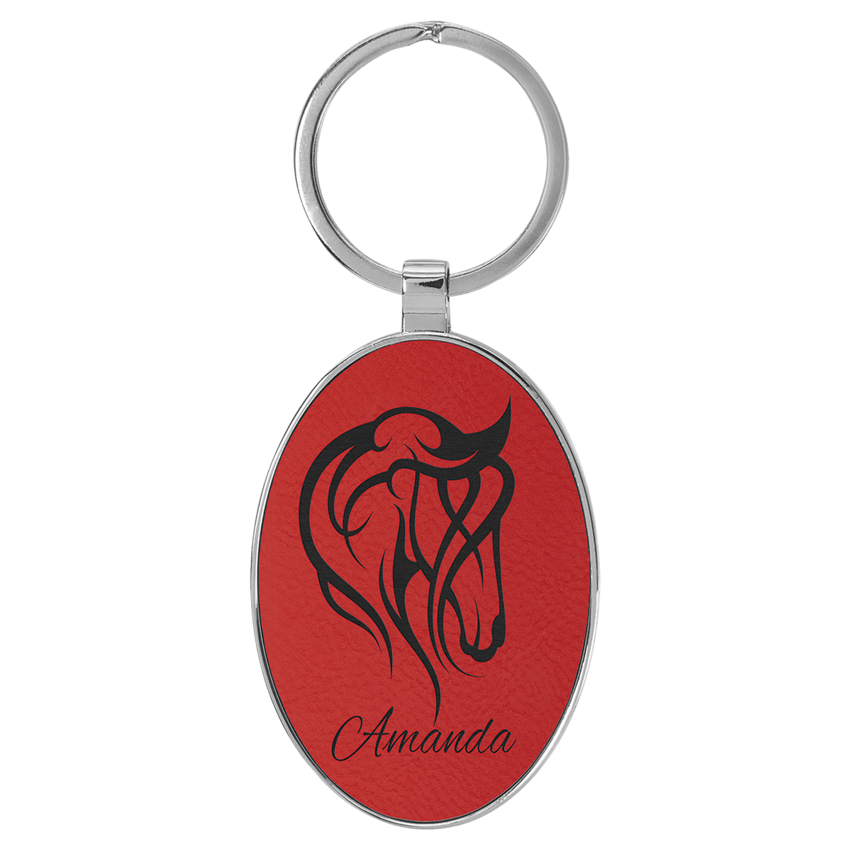Red Lasered Leatherette/Metal Oval Keychain