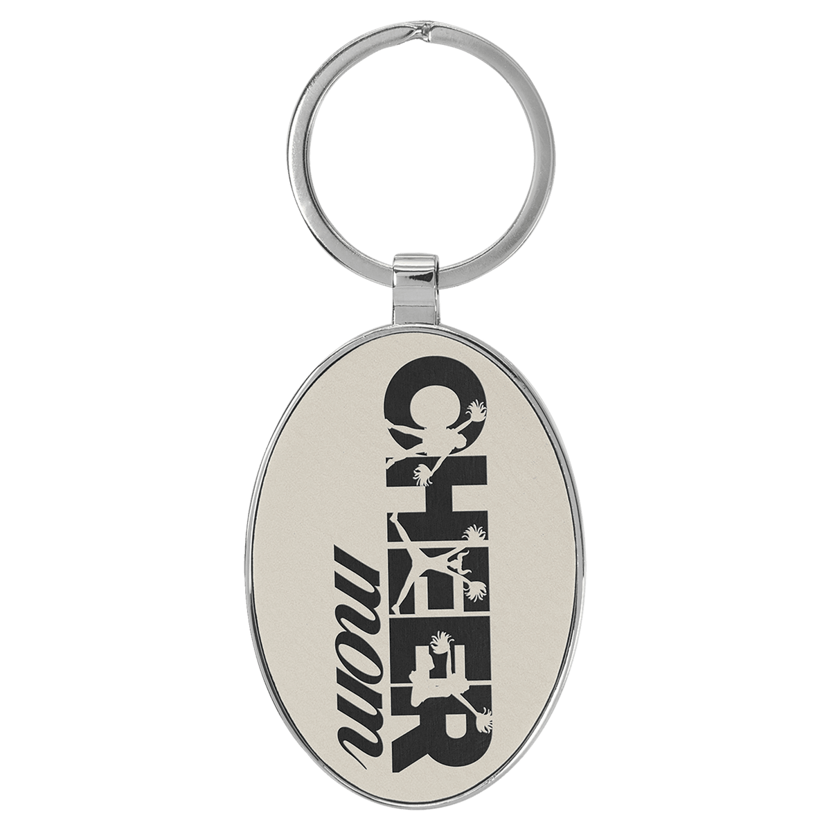 White Lasered Leatherette/Metal Oval Keychain