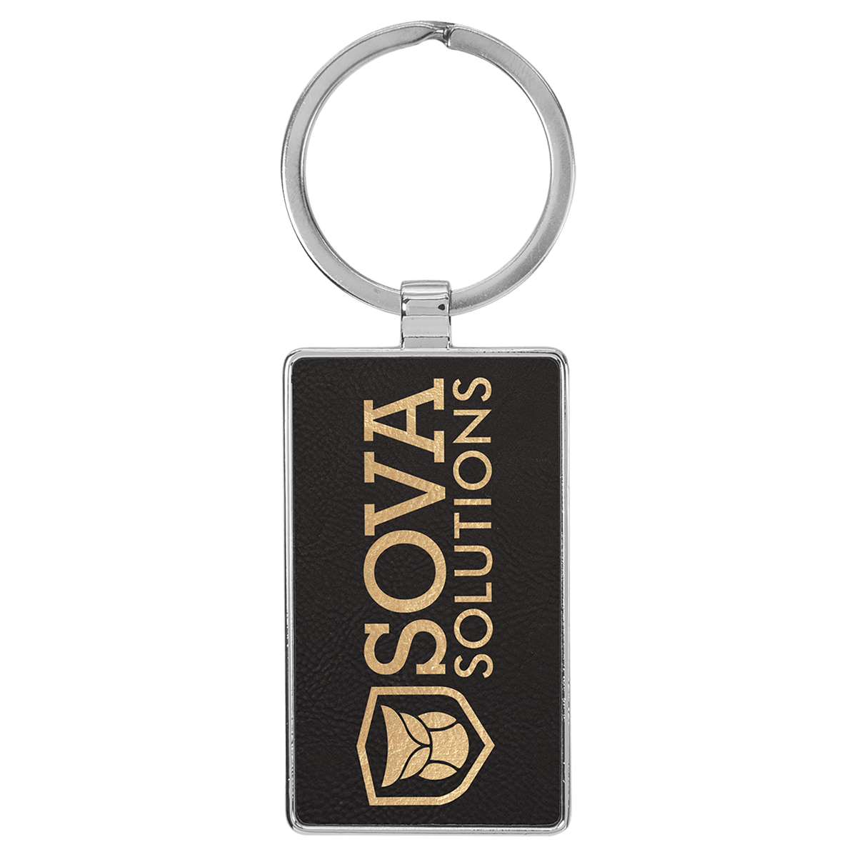 Black/Gold Lasered Leatherette/Metal Rectangle Keychain