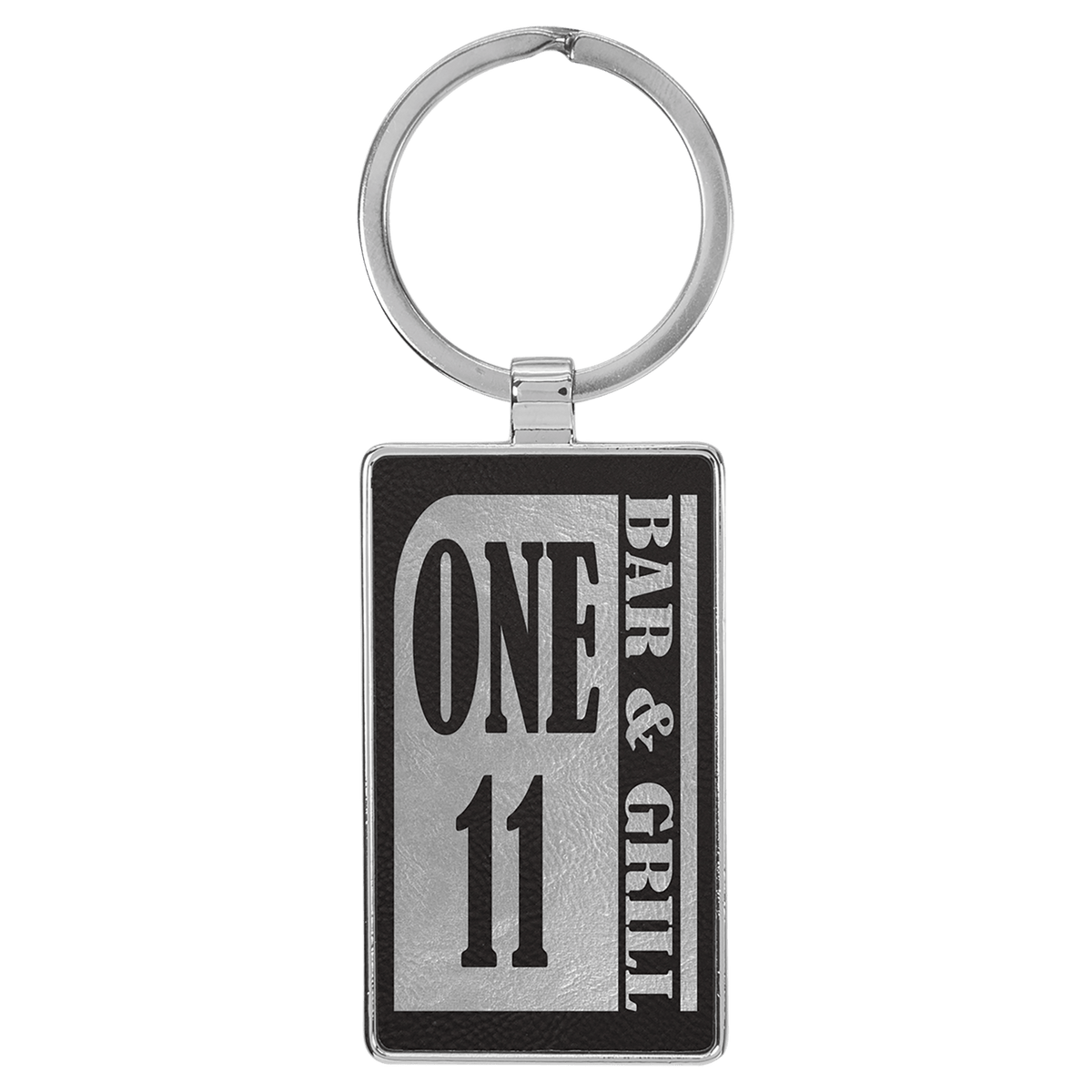 Black/Silver Lasered Leatherette/Metal Rectangle Keychain