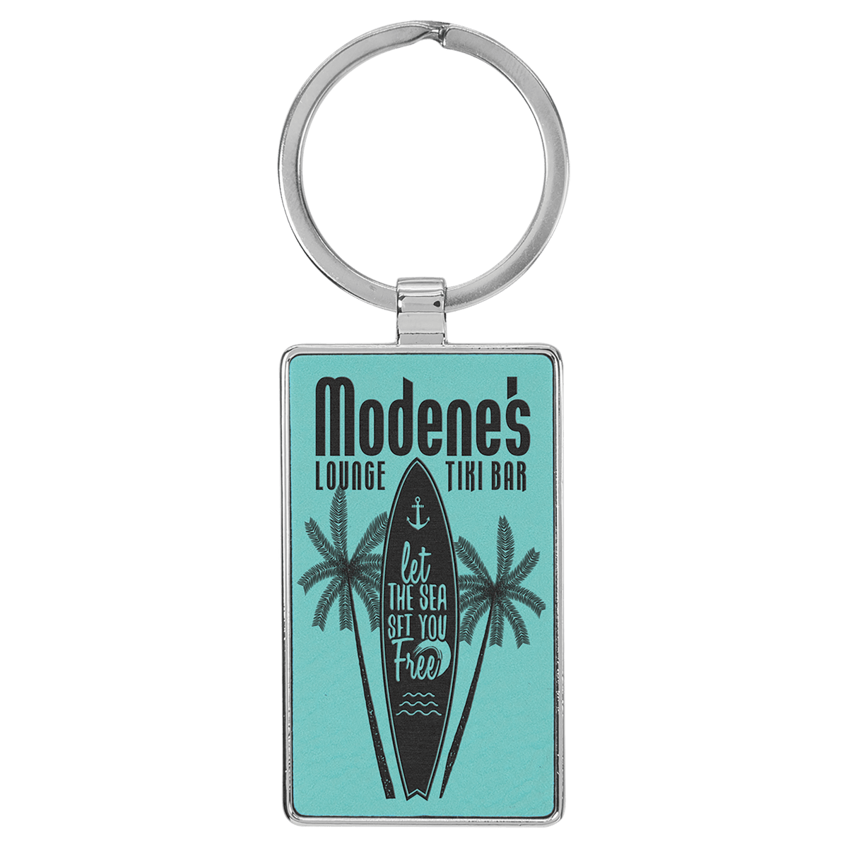 Teal Lasered Leatherette/Metal Rectangle Keychain