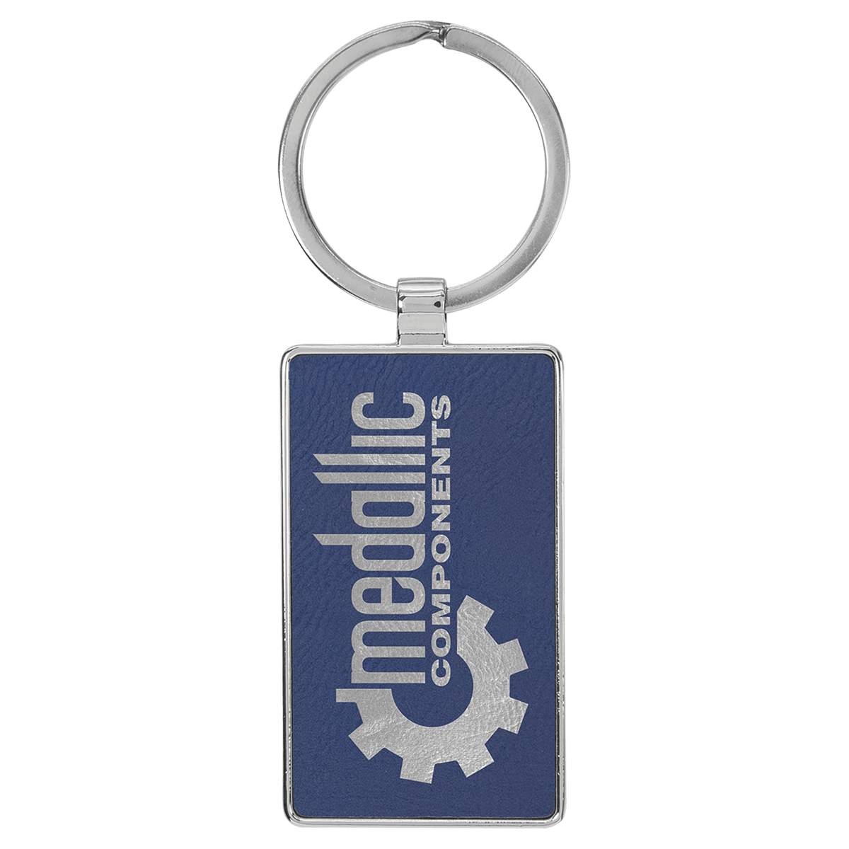 Blue/Silver Lasered Leatherette/Metal Rectangle Keychain