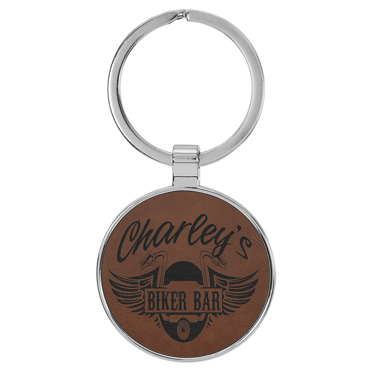Dark Brown Lasered Leatherette/Metal Round Keychain