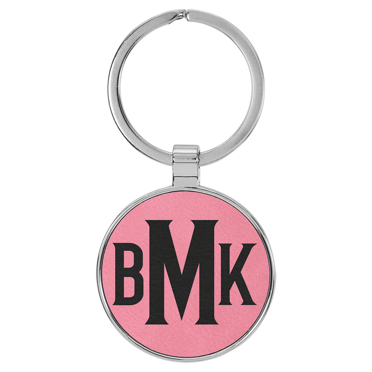 Pink Lasered Leatherette/Metal Round Keychain