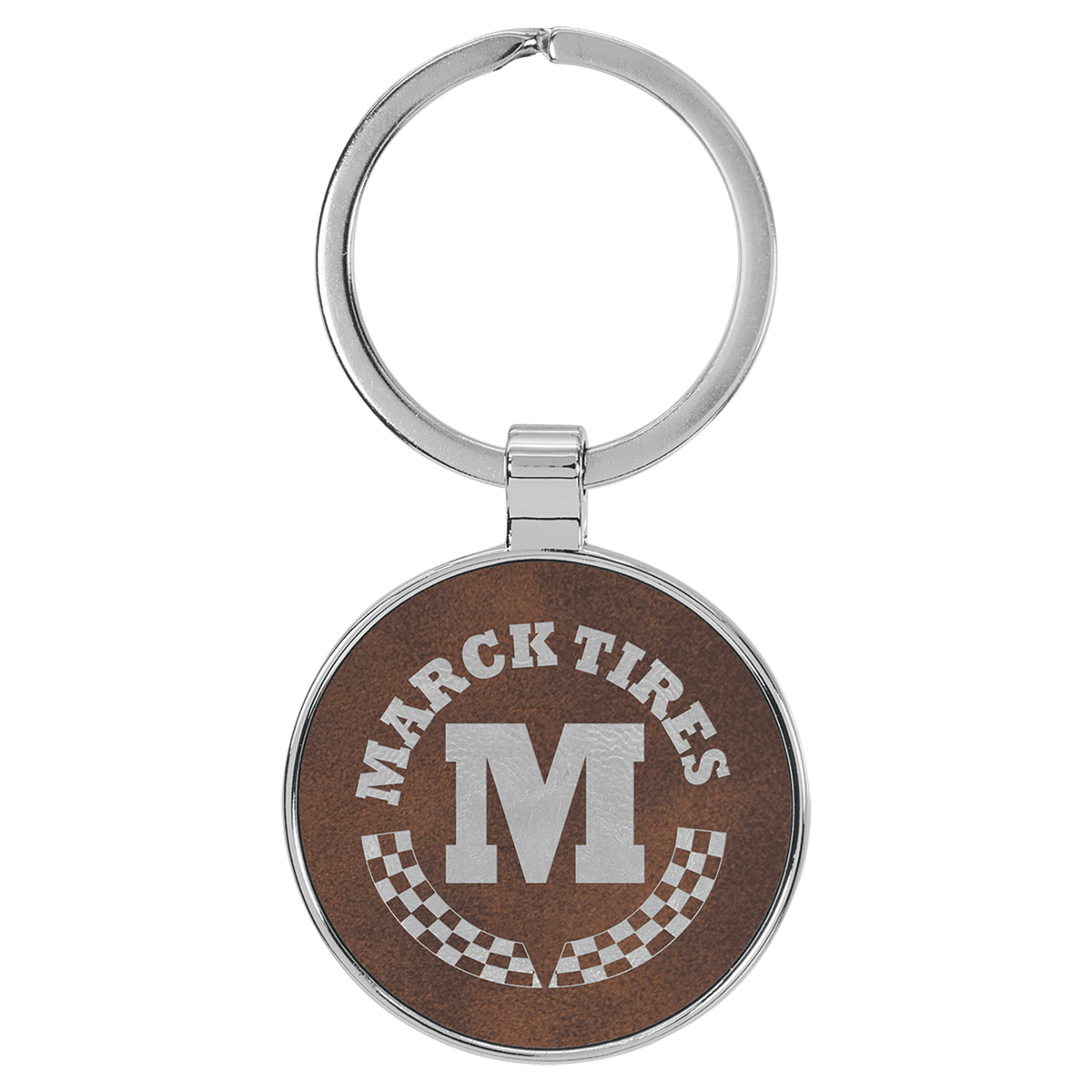 Rustic/Silver Lasered Leatherette/Metal Round Keychain