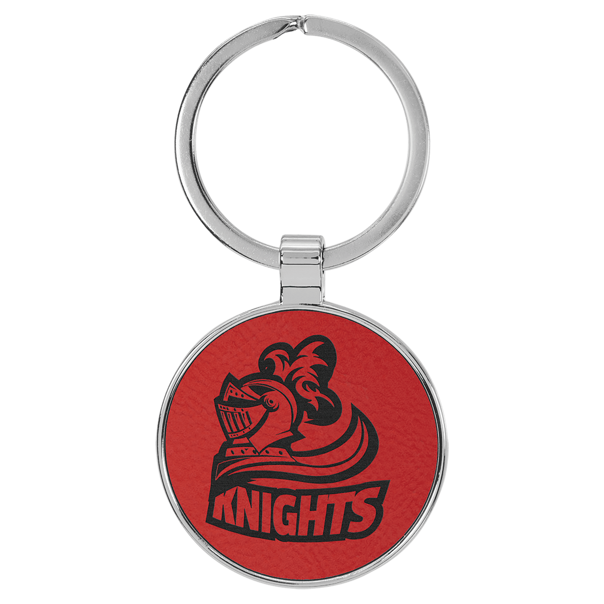 Red Lasered Leatherette/Metal Round Keychain