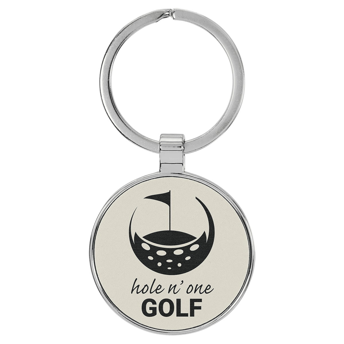 White Lasered Leatherette/Metal Round Keychain