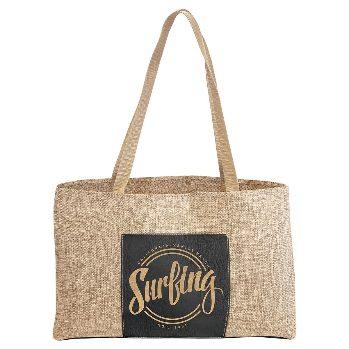 Burlap Bag with 5" Gusset and Leatherette Trim-Black/Gold