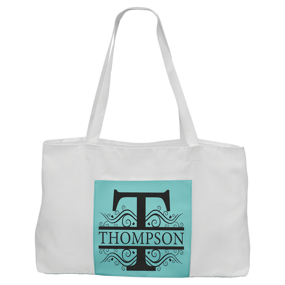 White Canvas Bag with 5" Gusset and Leatherette Trim-Teal