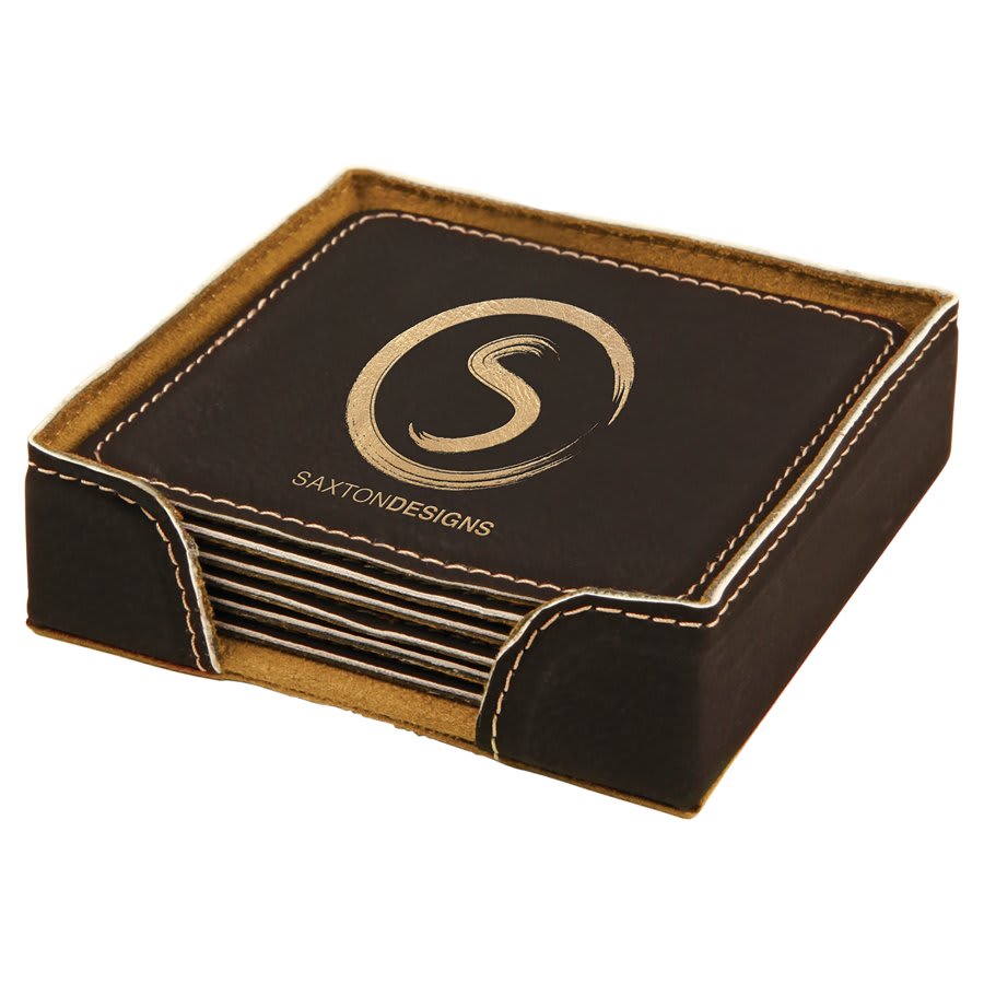 Black/Gold Leatherette Square 6-Coaster Set