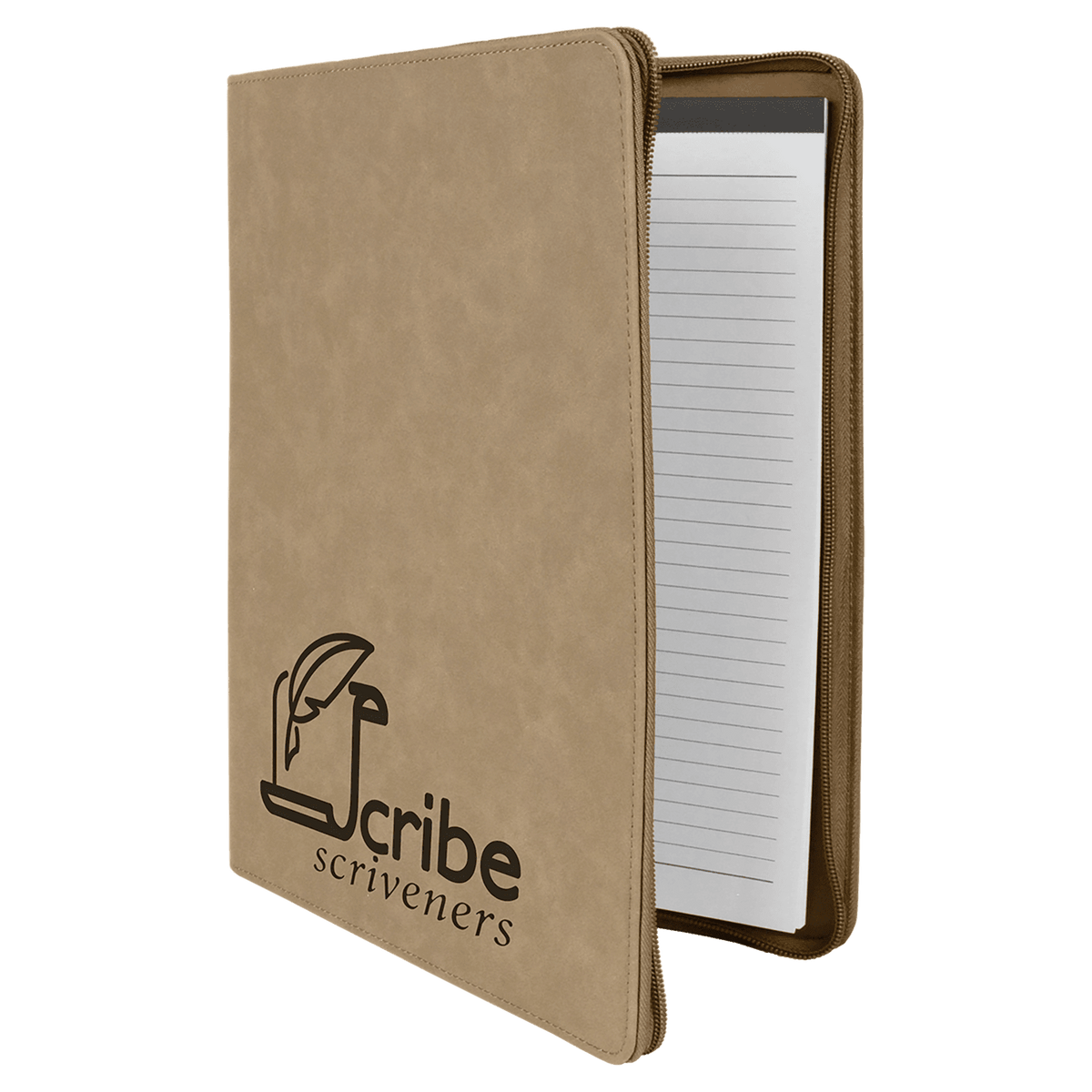Light Brown Leatherette Portfolio with Zipper & Notepad