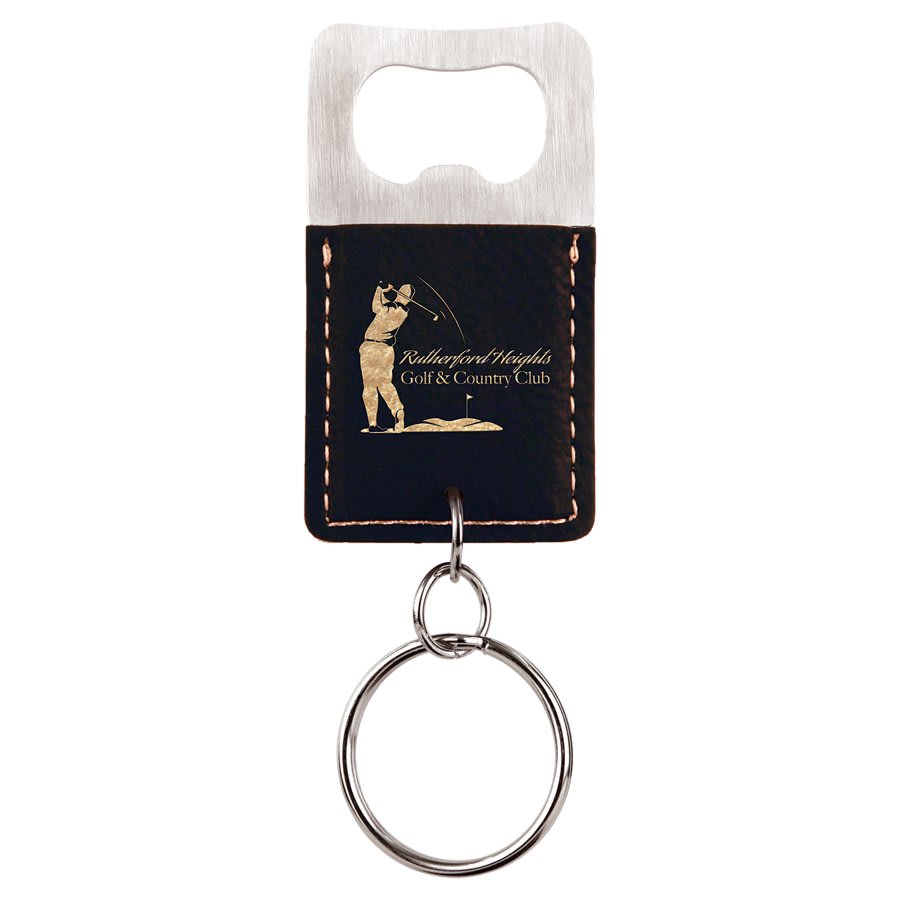 Black/Gold Leatherette Rectangle Bottle Opener Keychain