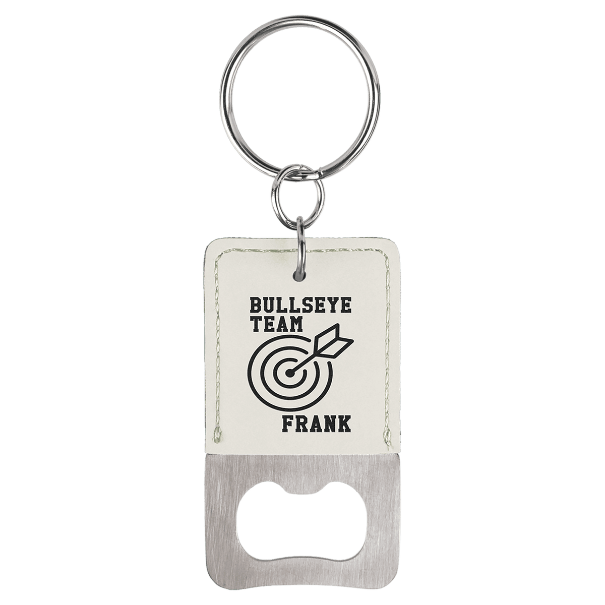 White Leatherette Rectangle Bottle Opener with Keychain