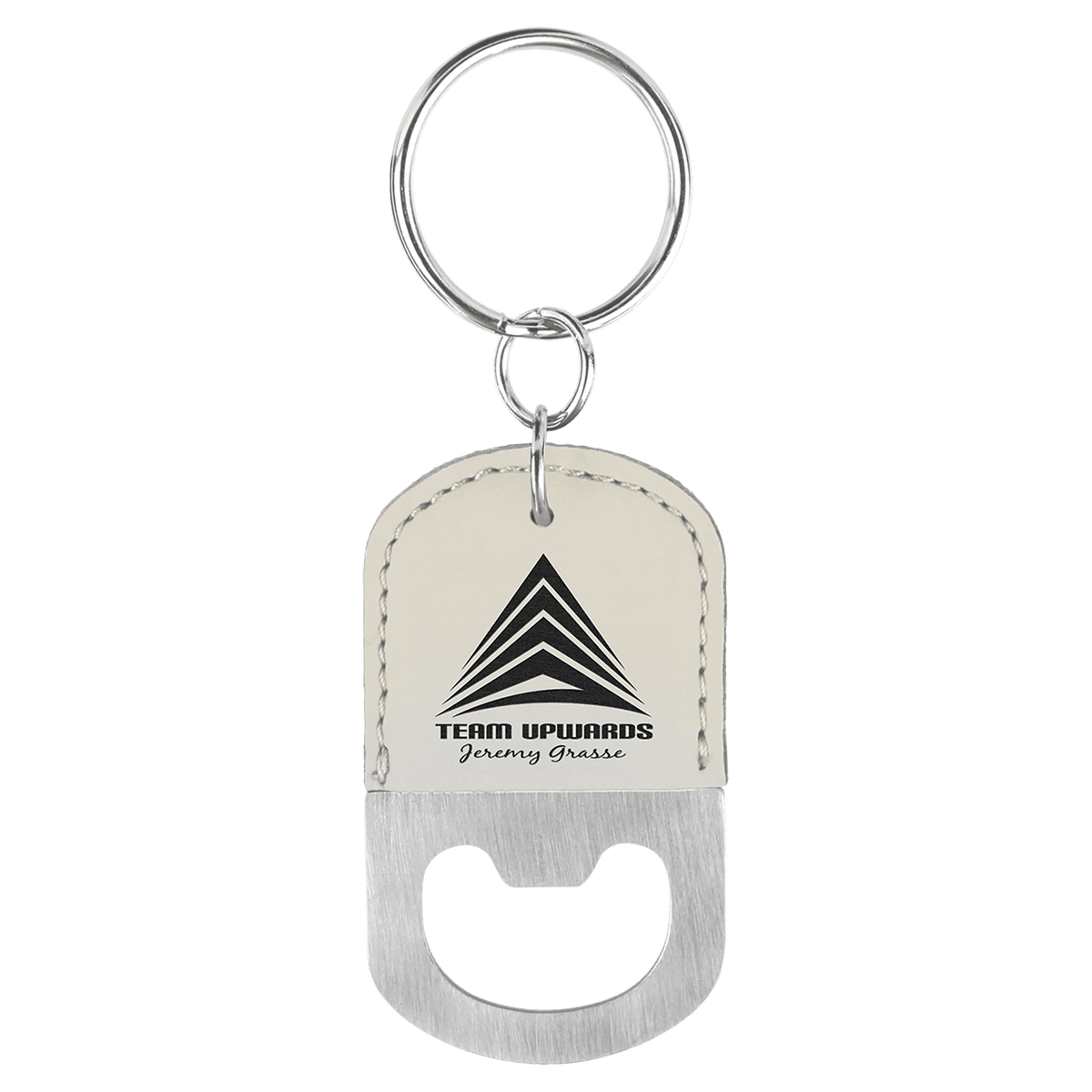 White Leatherette Oval Bottle Opener with Keychain