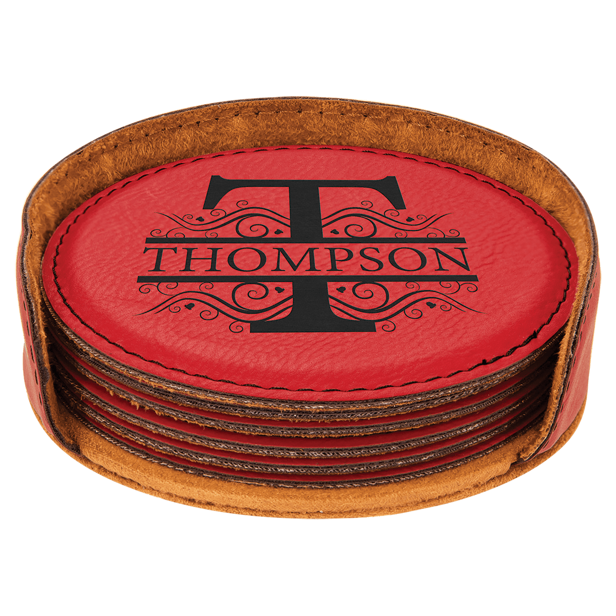 Red Laserable Leatherette Round 6-Coaster Set