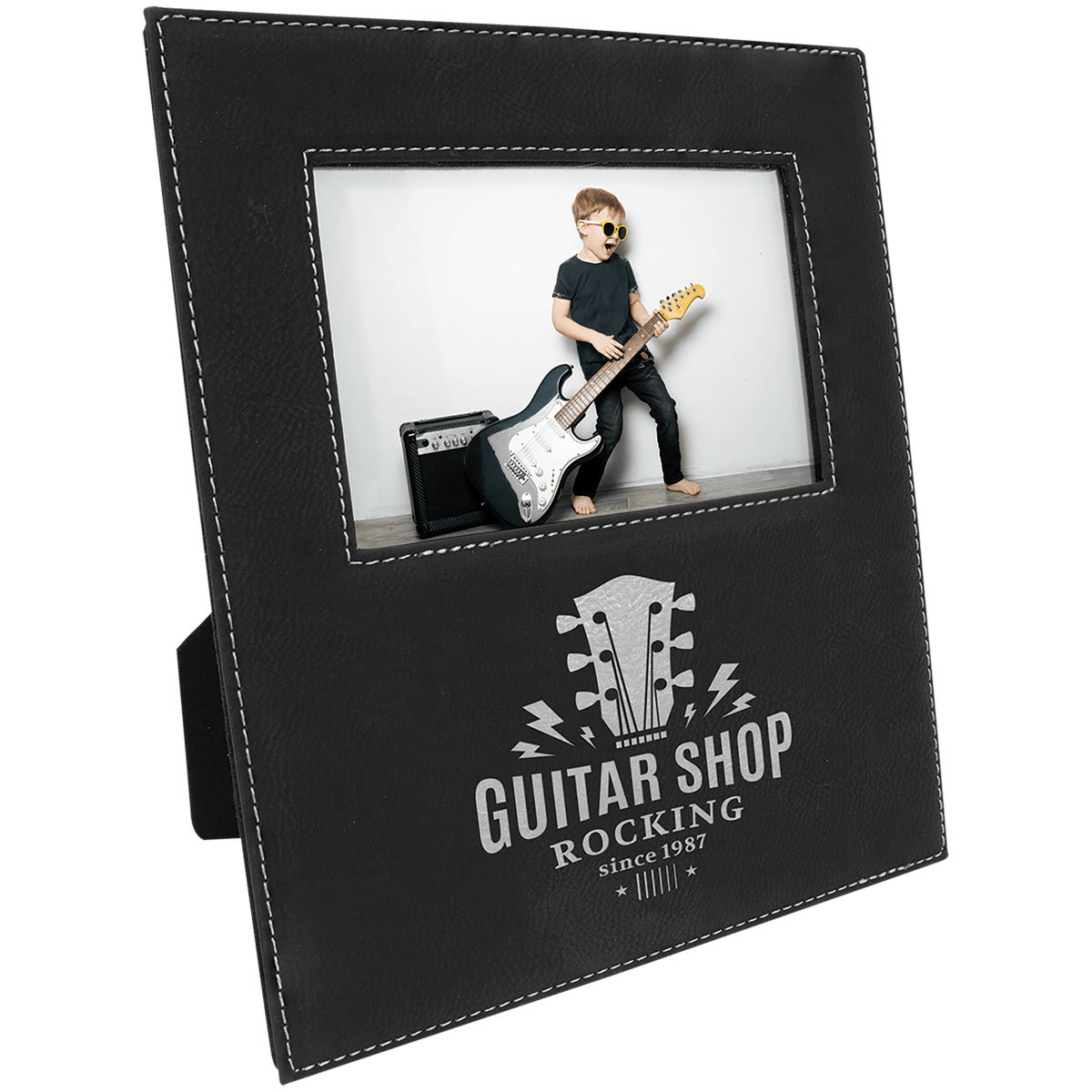 Black/Silver 4" x 6" Leatherette Photo Frame with Engraving Area
