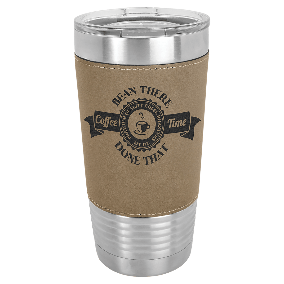 Light Brown Leatherette Wrapped 20 oz. Polar Camel with Clear Lid