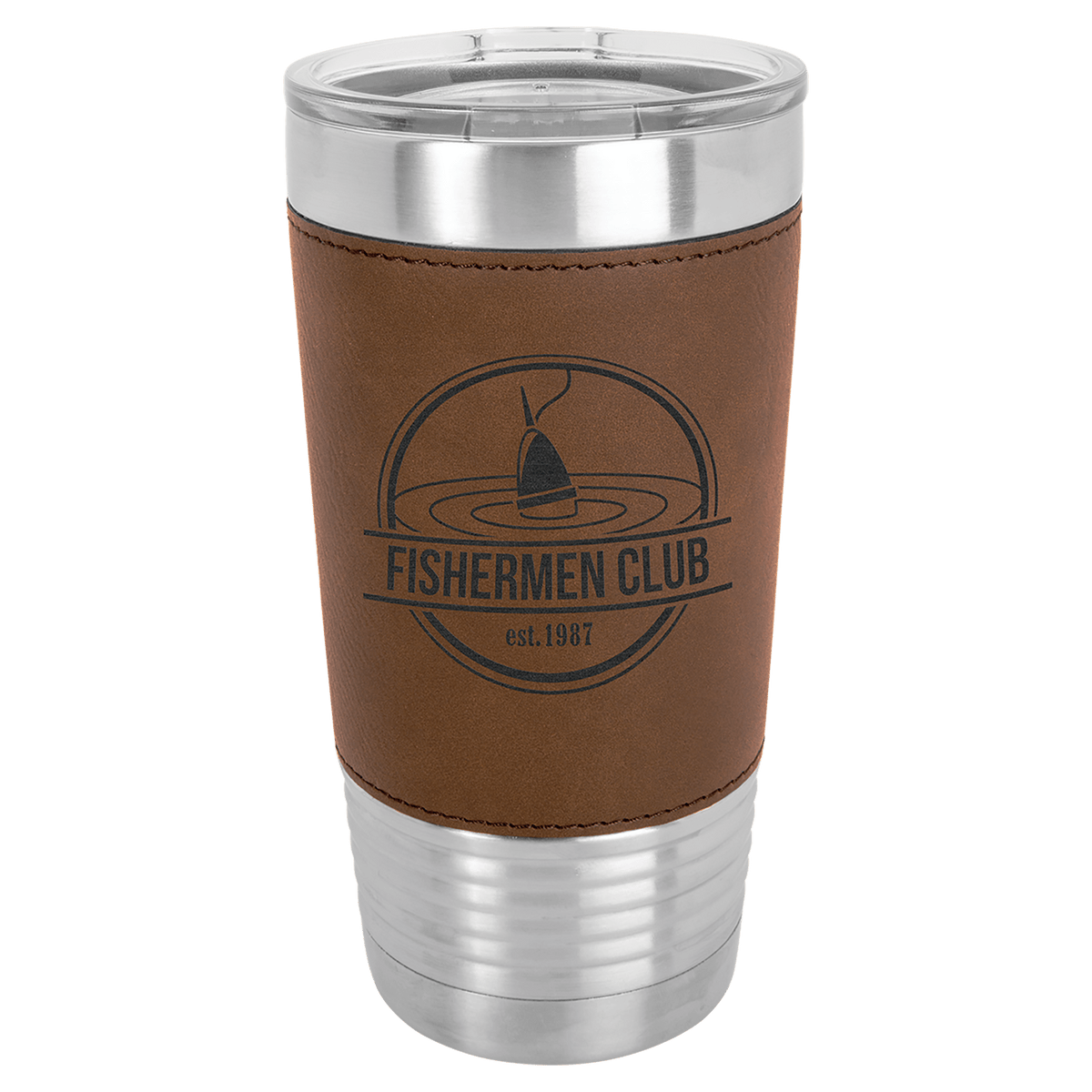 Dark Brown Leatherette Wrapped 20 oz. Polar Camel with Clear Lid