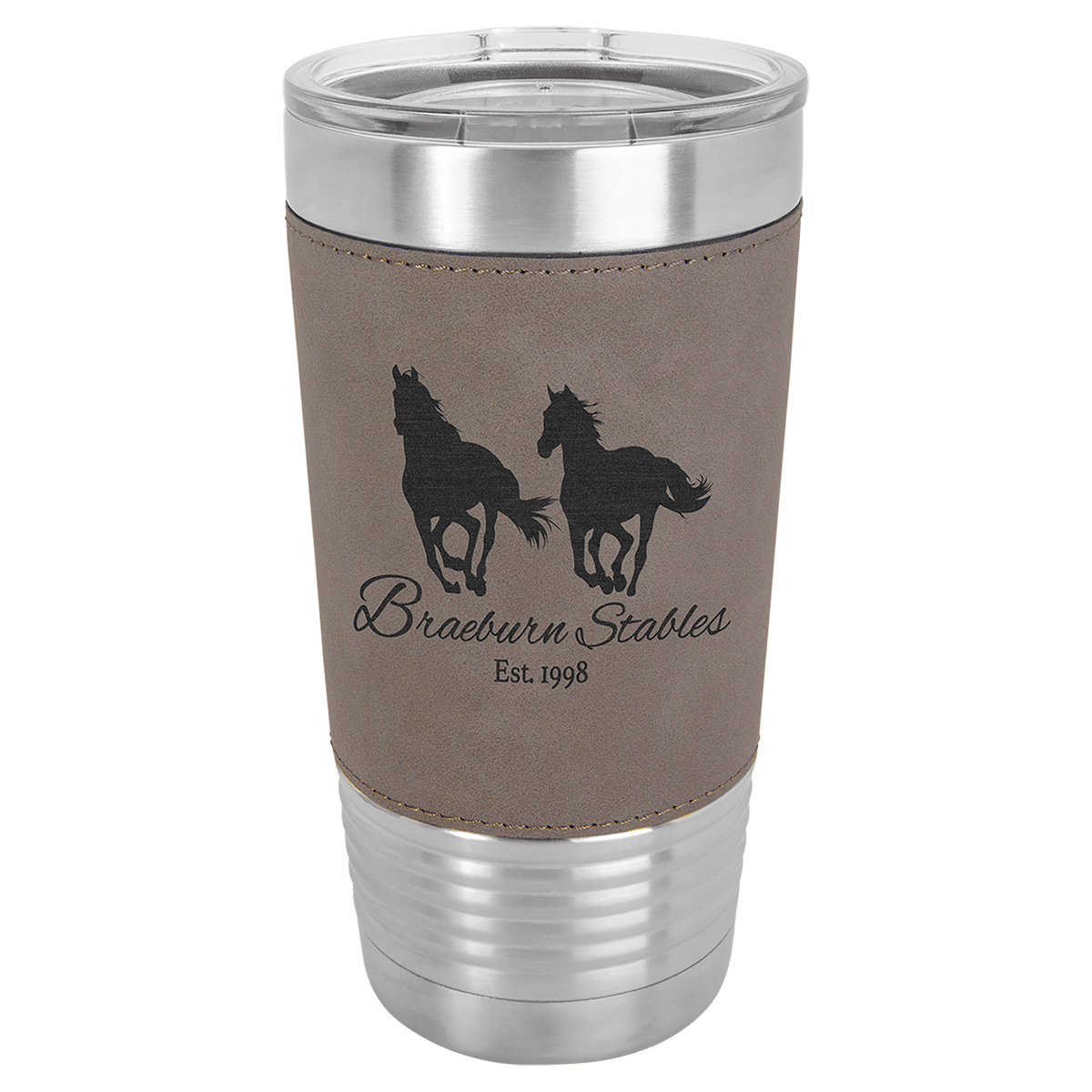 Gray Leatherette Wrapped 20 oz. Polar Camel with Clear Lid