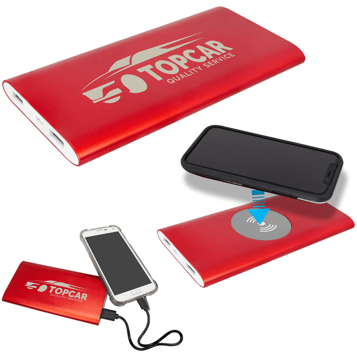 8000MAH Red Power Bank and Wireless Anodized Aluminum Charger with USB Cord