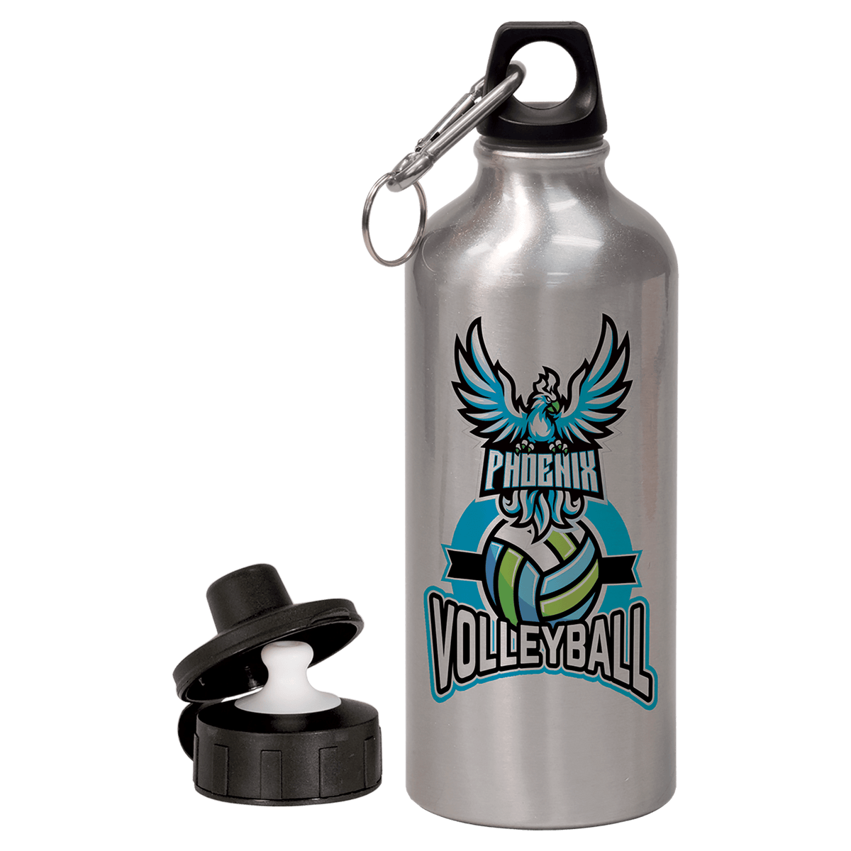 Silver Aluminum 20 oz. Water Bottle with 2 Lids and Carabiner