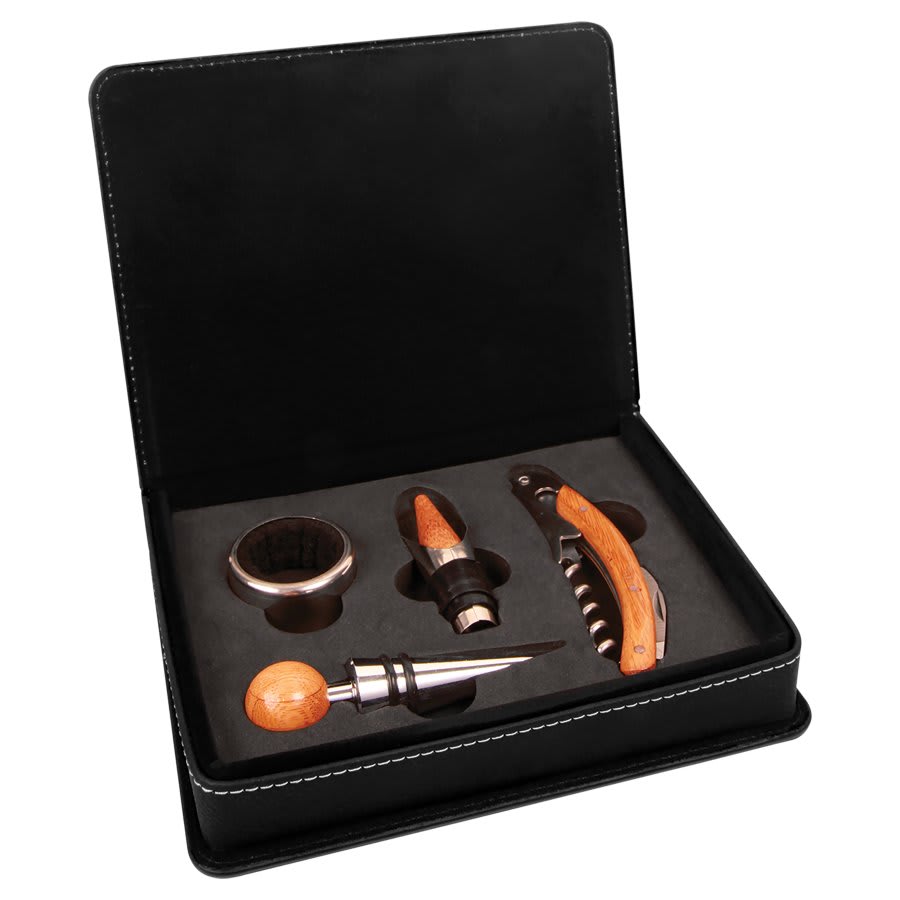 Black/Silver Leatherette 4-Piece Wine Tool Set