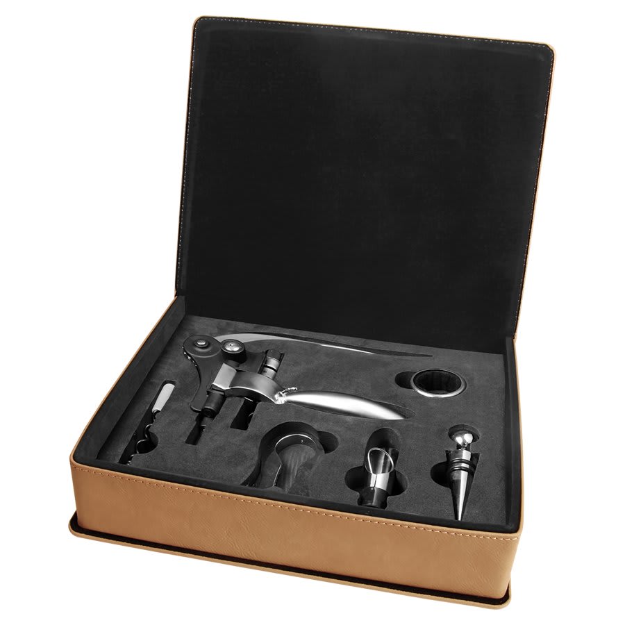 Light Brown Leatherette 5-Piece Wine Tool Set