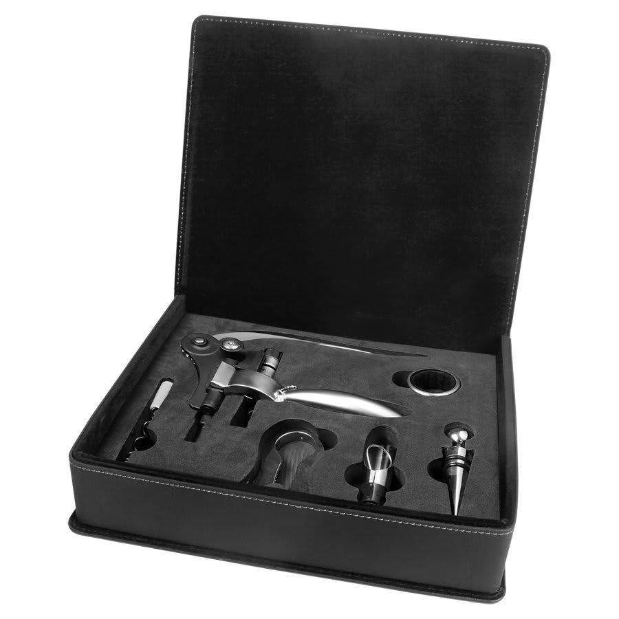 Black/Gold Leatherette 5-Piece Wine Tool Set