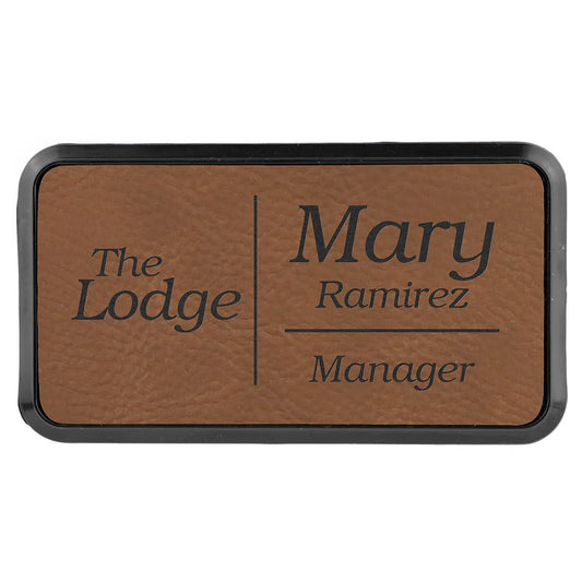 3" x 1 1/2" Dark Brown Leatherette Round Corner Badge with Frame