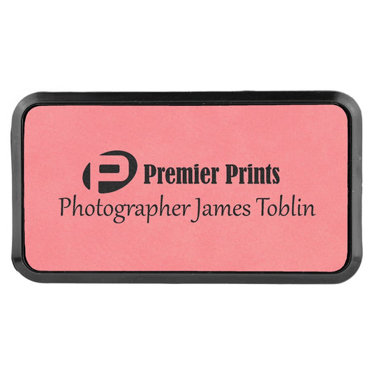 3" x 1 1/2" Pink Leatherette Round Corner Badge with Frame
