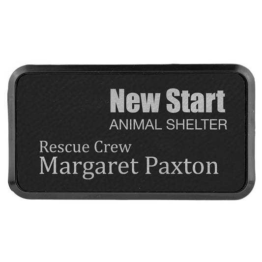 3" x 1 1/2" Black/Silver Leatherette Round Corner Badge with Frame