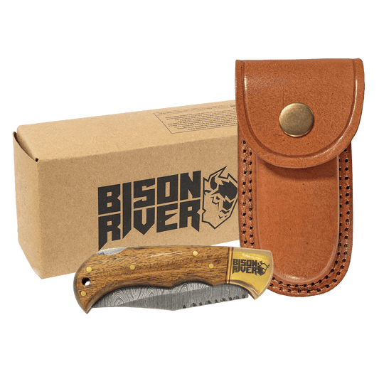 Wood Folding Knife with Damascus Steel Blade and Leather Sheath
