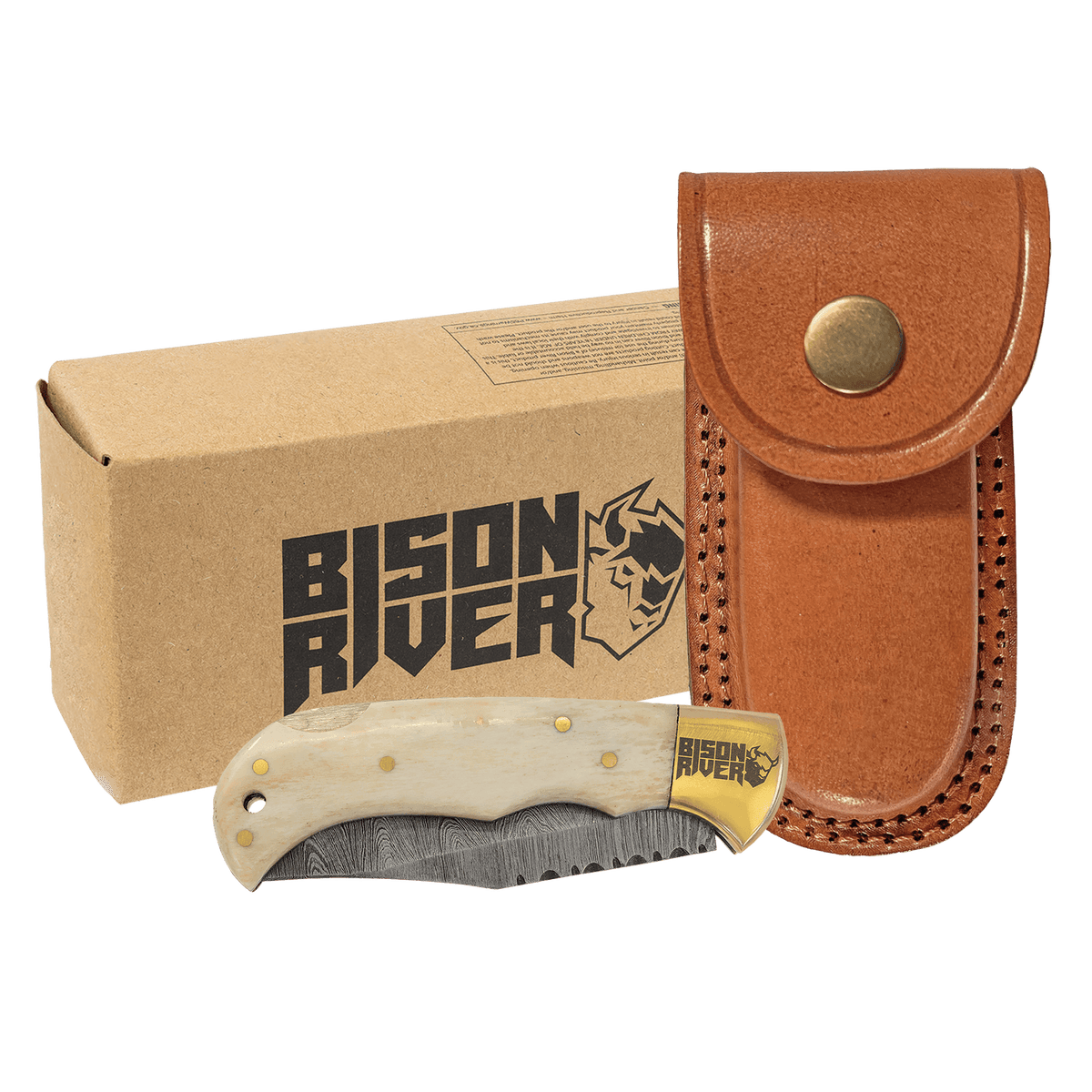 Bone Folding Knife with Damascus Steel Blade and Leather Sheath
