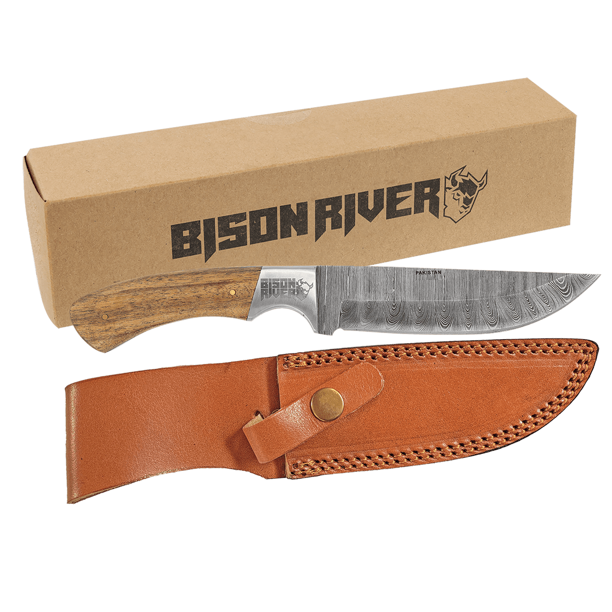 Fixed Blade Wood Handle Knife with Damascus Steel Blade and Leather Sheath