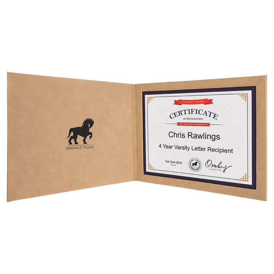 Light Brown Leatherette Certificate Holder for 8 1/2" x 11" Certificate